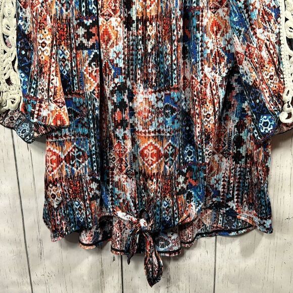 French Laundry Womens  Print Boho Lace Sleeve Tie Front Key Hole Neckline Top - Picture 8 of 14